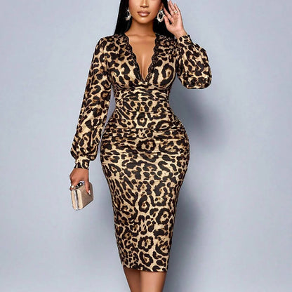 Leopard Slit Maxi Dress – Deep V-Neck Statement Silhouette